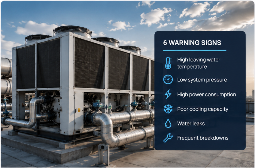 Industrial chiller equipment illustrating six warning signs of declining chiller performance